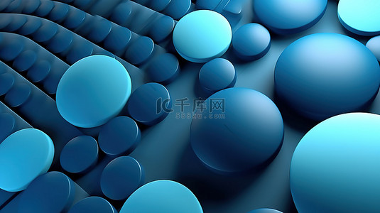 蓝色背景上圆形结构中纹理蓝色球的 3D 渲染抽象插图