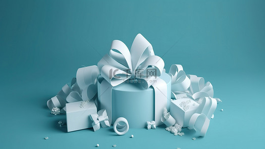 生日礼盒背景图片_优雅的白色礼盒，配有缎带和蓝色背景 3D 渲染的礼物