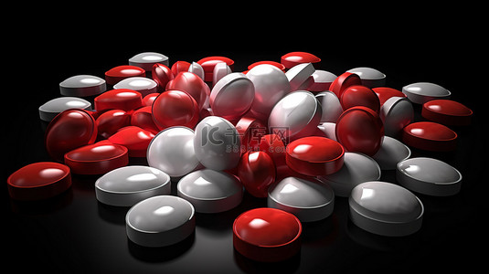 医疗中背景图片_黑色背景包装中一堆红色和白色圆形胶囊的抗生素药物的 3D 插图