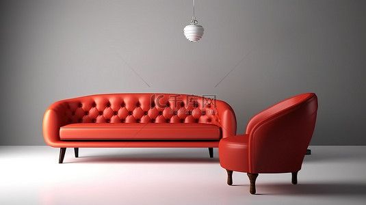 充满活力的红色沙发和椅子的 3D 渲染