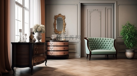 现代边柜背景图片_经典风格入口大厅的 3D 渲染，配有优雅的安乐椅木质抽屉柜和边桌