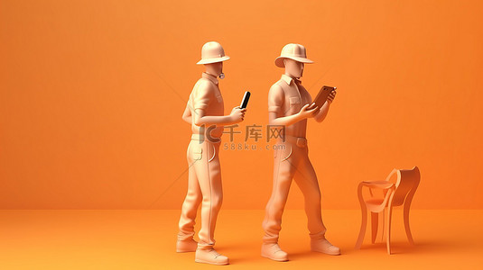 体育比赛背景板背景图片_光滑的柔和橙色背景板球运动员，配有比赛设备和智能手机，3D 插图