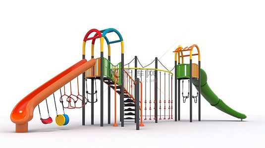 逼真的 3D 儿童游乐设备在白色隔离的游乐场公园里拉起攀爬装置