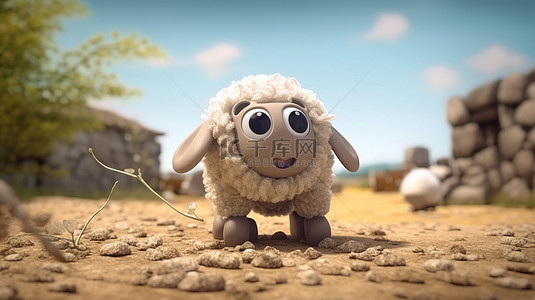养背景背景图片_卡通羊在草地上嬉戏的 3D 渲染描绘