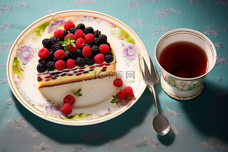 莓茶背景图片_一杯茶和一片浆果蛋糕