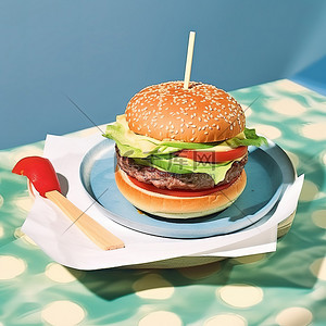 菜单背景图片_一个汉堡包放在蓝色托盘上