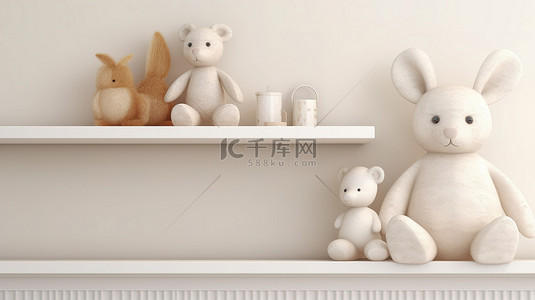 白色架子上展示着 3D 渲染的毛绒小兔子和泰迪熊二人组