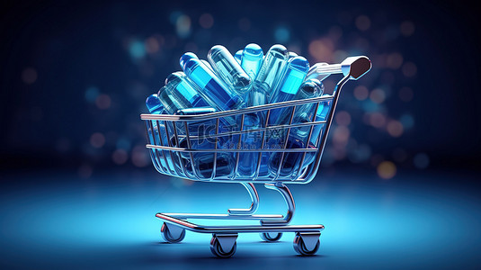 药店导视牌背景图片_放在购物车上的蓝色大胶囊中的药物代表在 3D 渲染中购买药物的概念