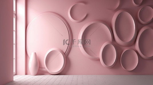 倾斜椭圆背景图片_3d 渲染中带有柔和粉色椭圆板的空白空间墙背景