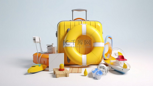 白色背景，黄色手​​提箱，蓝色救生圈和 3D 渲染中漂浮的假日物体