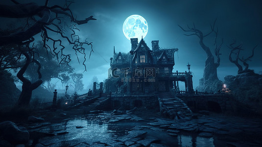 树万圣背景图片_月光下的幽灵城堡 3d 插图