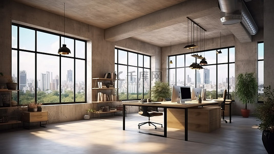 具有城市景观的现代联合办公空间 房间的 3D 渲染，配有混凝土木质设备日光和家具