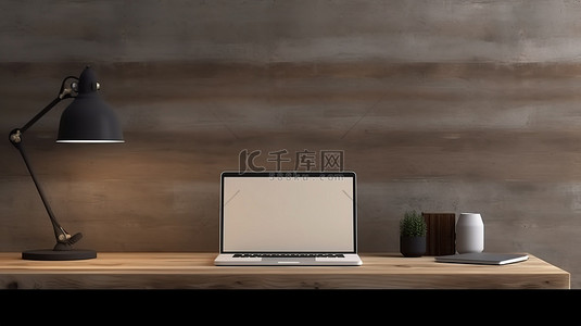 木桌上笔记本电脑的 3D 渲染，配有装饰和水泥阁楼墙上的复制空间