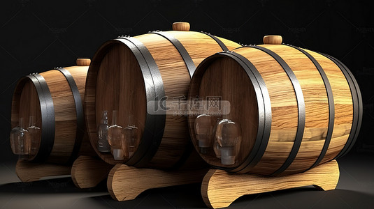 木桶装满优质饮料 葡萄酒干邑朗姆酒和白兰地的 3D 插图