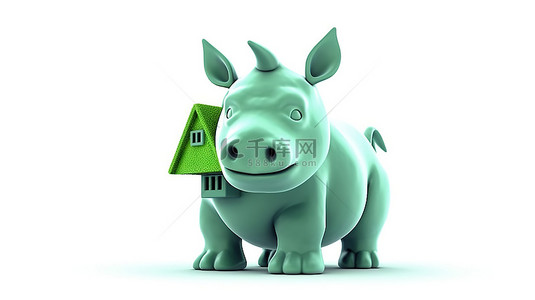 房子图标背景图片_一个异想天开的 3D 犀牛吉祥物抓住了一个房子图标