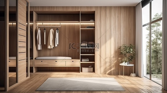 令人惊叹的木制衣柜和步入式衣柜，带窗户视图 3D 渲染