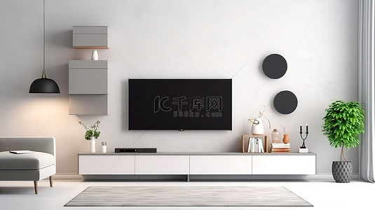 现代客厅，白墙上有时尚的电视柜，以 3D 可视化