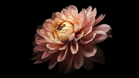 精致的粉红桃牡丹或菊花在 3D 特写中绽放，在孤立的黑色背景上