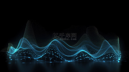 山数字背景图片_深色背景与光线抽象蓝色数字波形在 3D 渲染中连接点和线