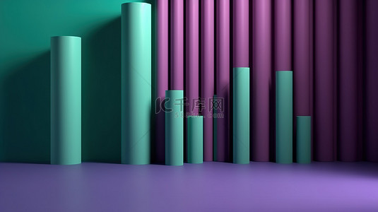 绿墙场景上紫蓝色和紫色圆柱体的最小抽象背景 3D 渲染