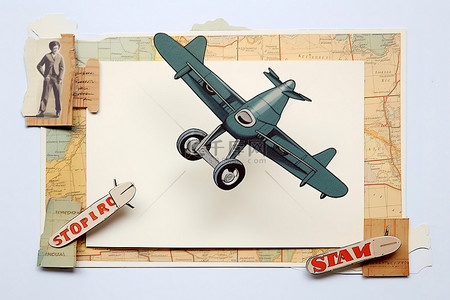 纸板上的旅行拼贴画，带有迷你飞机和文字