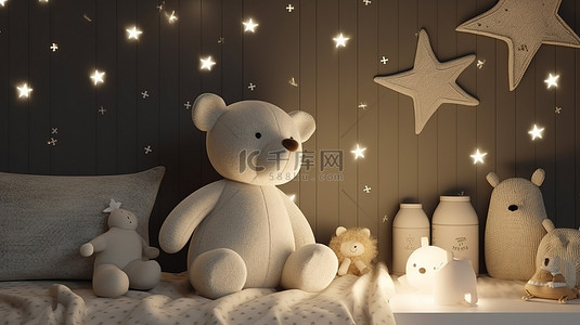 可爱的泰迪熊 3d 渲染在卧室里，有枕头和星形墙装饰