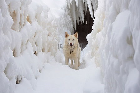 一只白狗站在雪隧道里