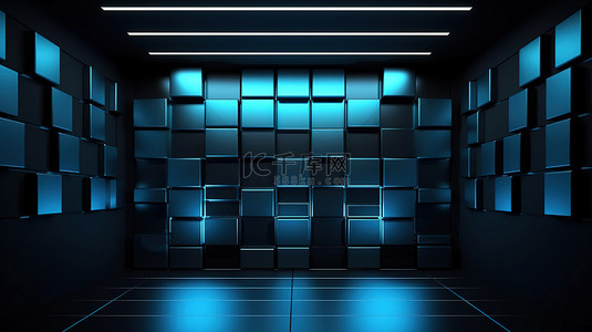 优雅的蓝色光墙，带有 3D 渲染的深色面板装饰