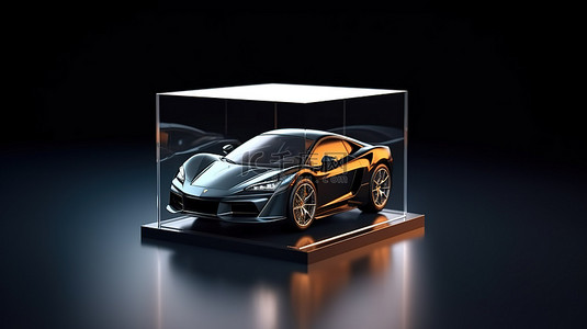 盒子盒背景图片_3D 渲染玻璃展示盒，带有时尚的黑色讲台，用于产品展示或比例汽车模型