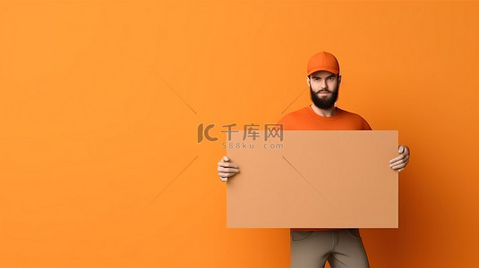 制服展示背景图片_3D 渲染快递员穿着鲜艳的橙色制服，展示横幅，提供高效的包裹递送服务