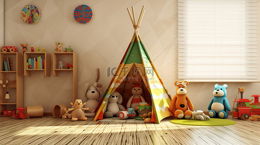 毛绒玩具马背景图片_儿童游戏室的 3D 渲染插图，配有毛绒玩具动物和圆锥形帐篷