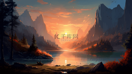 风自然背景图片_山水风景卡通自然装饰插画风景