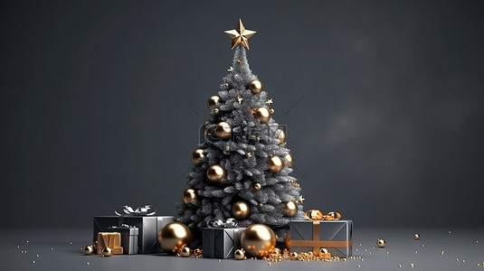 深灰色背景上的节日横幅 3D 渲染圣诞树和新年礼物