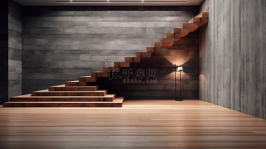 价格公示牌背景图片_当代地下设计楼梯内部，木制画廊墙上有时尚的模拟空间，通过商业概念 3D 渲染赋予生命