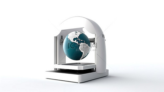 真实感科技背景图片_3D 打印机在白色背景真实感渲染上创建现代家庭地球仪