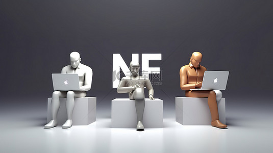 多元文化三人组在 3D 渲染中的 nft 字母顶部的笔记本电脑上远程工作