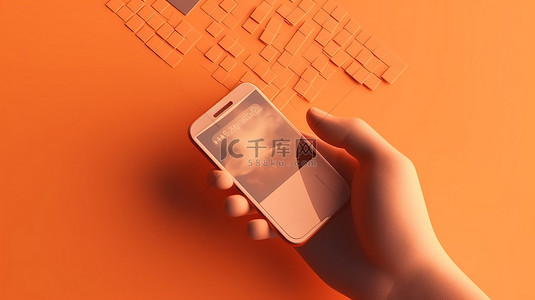 在孤立的橙色背景横幅上从智能手机中选择的 3d 手取票