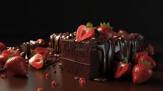 巧克力蛋糕美食背景图片_令人惊叹的 3D 渲染中的草莓巧克力蛋糕片