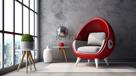现代客厅配有未来派 3D 渲染太空椅