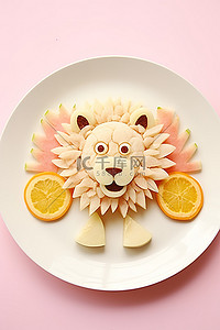 粉色背景水果背景图片_白盘上的狮子，上面有水果