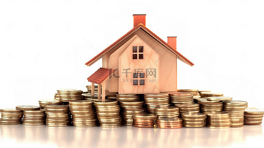 房地产投资 3D 渲染一栋小房子，白色背景上有成堆的硬币