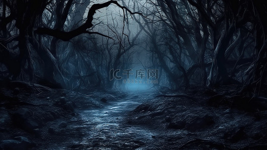 万圣节夜晚月亮背景图片_魔法森林的怪异景观万圣节的 3D 奇幻插图