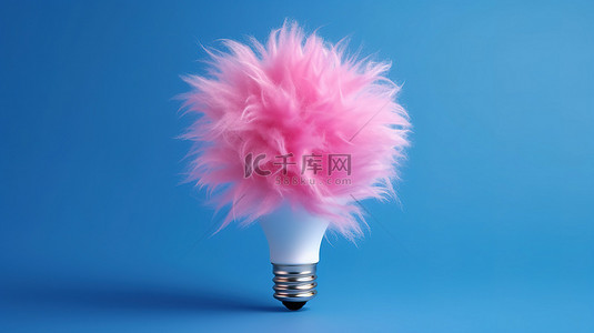 漂浮的蓝色灯泡，带有淡淡的粉红色毛皮，通过 3D 渲染描绘出创新和简约的创意概念