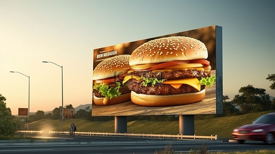 高速公路沿线汉堡广告牌的 3D 渲染模型