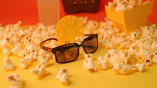 电影之夜必需品 3D 眼镜爆米花和带有“电影时间”文字的黄纸背景