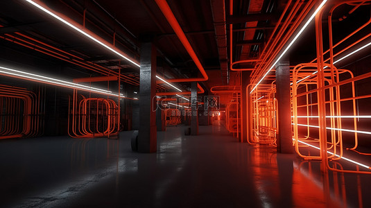 建筑大背景图片_用霓虹灯管在 3D 渲染中重新构想废弃工厂的内部
