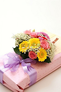 一束鲜花背景图片_白色桌子上用粉色包裹的礼物呈现的一束鲜花