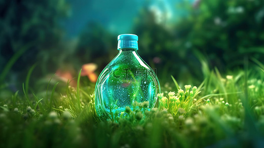 环保清洁背景图片_草覆盖瓶中的生态友好喷雾洗涤剂是可持续的清洁方法3D 渲染