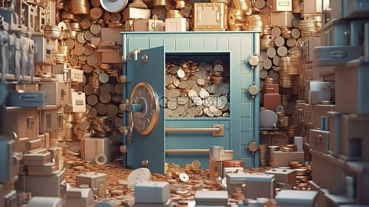 省钱概念一个 3D 渲染的插图，展示了一个开放式金库，里面装满了硬币堆钱束和一个可爱的存钱罐