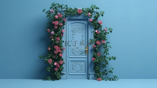 攀爬植物背景图片_装饰着攀爬玫瑰和蓝色门的蓝色墙壁的 3D 渲染